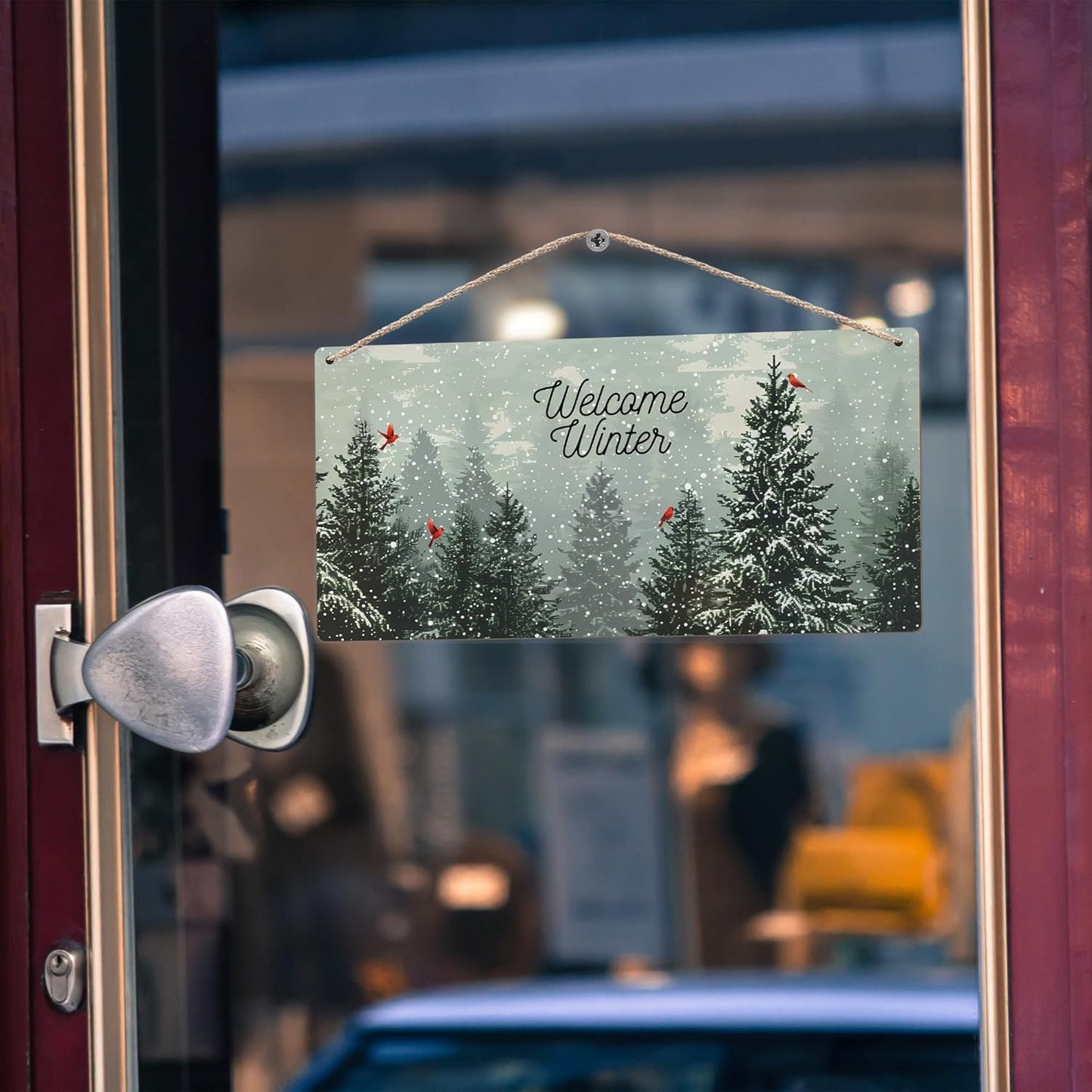 Welcome Winter Hanging Wooden Signs 12x6, Pine Tree Decor, Winter Door Decorations, Winter Door Sign, Snowflake Pine Trees Birds Home Room Office Hanging Wall Decor