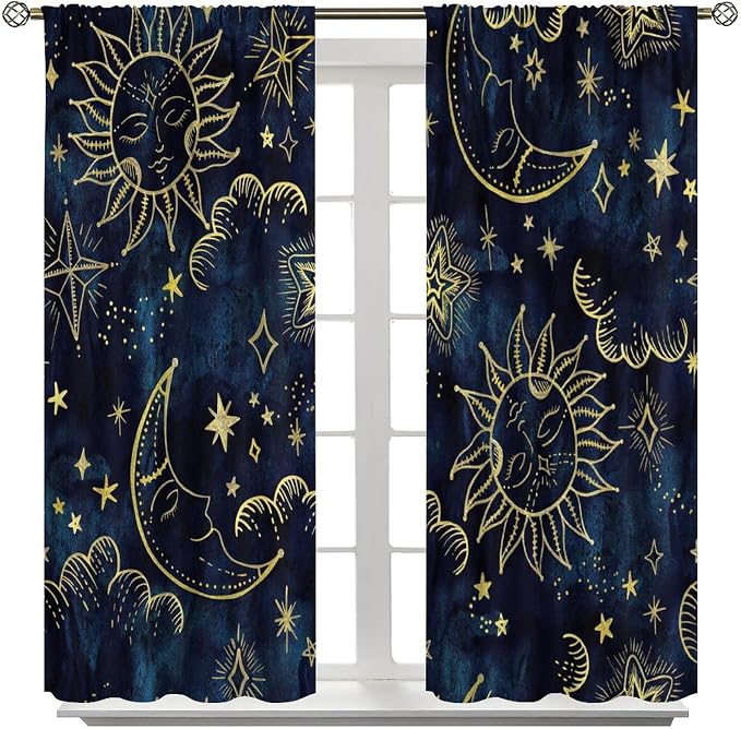Boho Sun Moon Blackout Window Curtains, Bohemia Theme Sun Moon Stars Print Pattern Rod Pocket Window Drapes, for Living Room Bedroom 63x63in 2 Panels