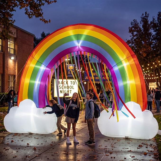 Seenelling 14 FT Giant Inflatable Rainbow Arch with Colored Tassel Decoration Back to School Theme Rainbow Arch Built-in LED Lights for Birthday Baby Shower Yard Outdoor Back to School Lawn Decor
