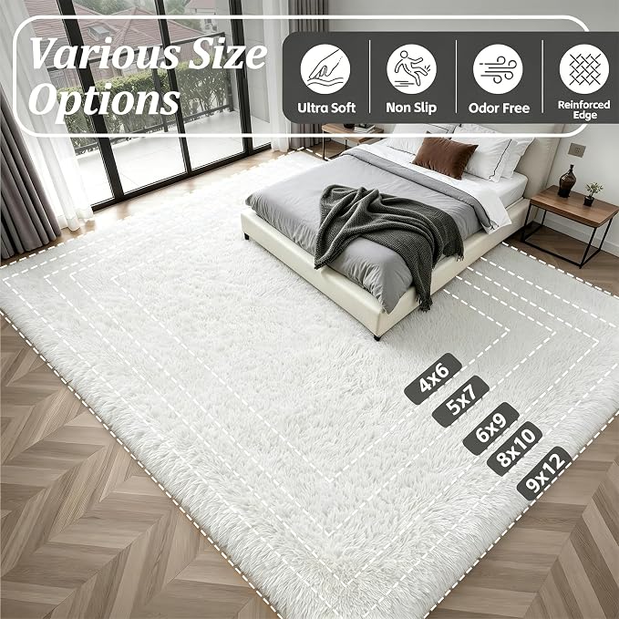 8x10 Area Rugs for Living Room Bedroom: Ultra Soft Fluffy Shag Rug Upgrade Non-Slip Non-Shedding Large Fuzzy Plush Carpet Indoor Floor Carpets for Kids Room Playroom Nursery Dorms Home Decor Ivory