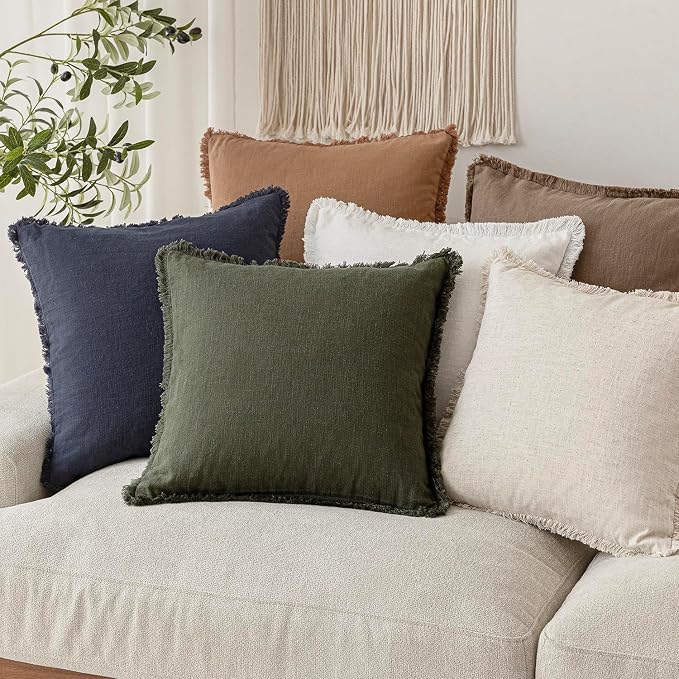Foindtower Set of 2 Decorative Linen Fringe Throw Pillow Covers Cozy Farmhouse Cushion Cover with Tassels Accent Pillowcase for Couch Chair Sofa Bed Living Room Home Decor,24×24 Inch,Dark Olive Green