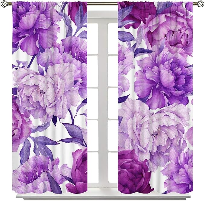 Floral Blackout Window Curtain Purple Blooming Flowers Style Print for Home Kitchen Restaurant Decoration Drapes 2 Panels 63x63in
