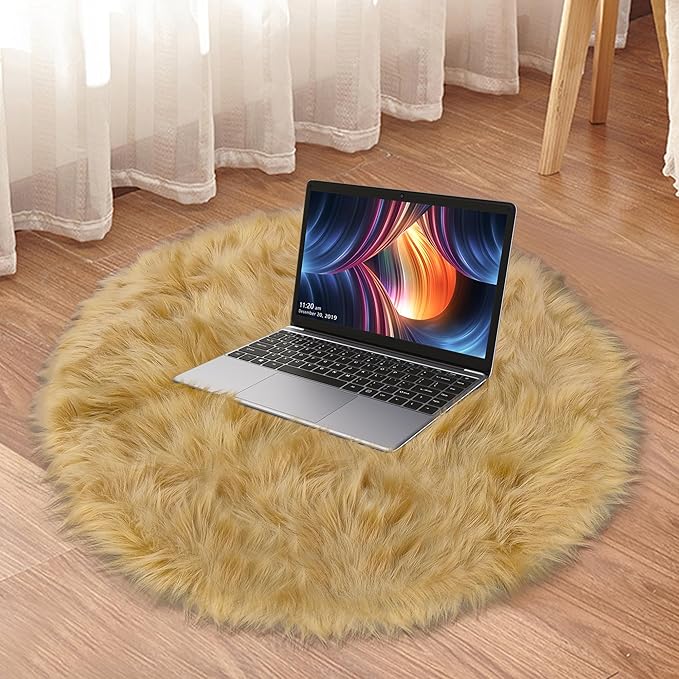 Khaki Faux Fur Round Rug for Bedroom, Fluffy Circle Rugs 2 2 Feet for Kids Room, Furry Carpet for Teen Girls Room, Non-Slip Shaggy Circular Rug Plush Rug