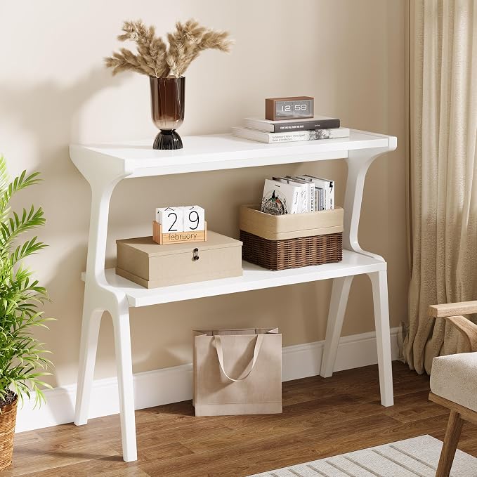 Tribesigns Set of 2 Solid Wood End Table, 2-Tier Modern White End Table with Storage Shelves, Tall Slim Side Table for Couch with Unique Legs, Long Bedside Table for Bedroom, Living Room