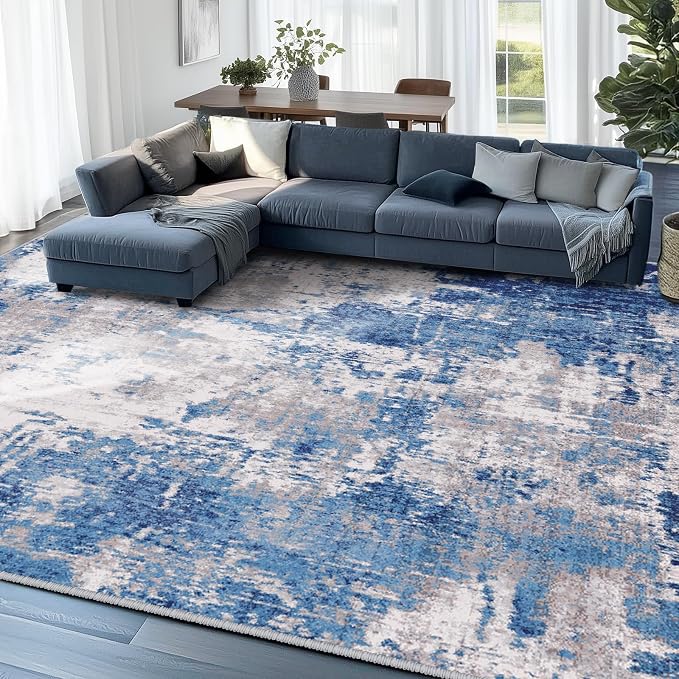 RELEANY Washable Area Rugs 5'x8' Non-Slip Modern Abstract Soft for Living Room Entryway Bedroom Kitchen, Print Pattern, Blue Grey Navy Gray
