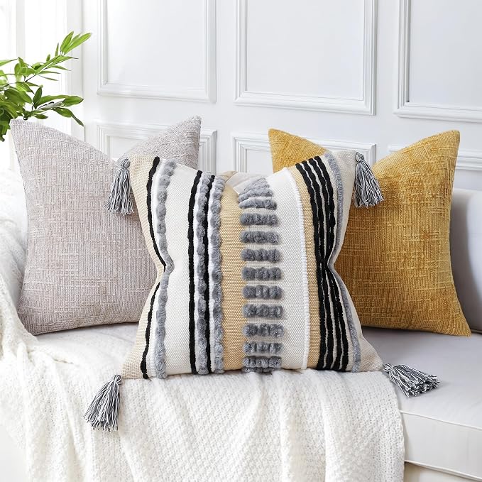 NUYECY Boho Throw Pillow Covers 16x16 Aesthetic Neutral Boucle Couch Pillow Cover Rainbow Striped Decorative Accent Pillow Case for Couch Bed Sofa Farmhouse Bedroom,Modern Funky,Set of 2 Grey