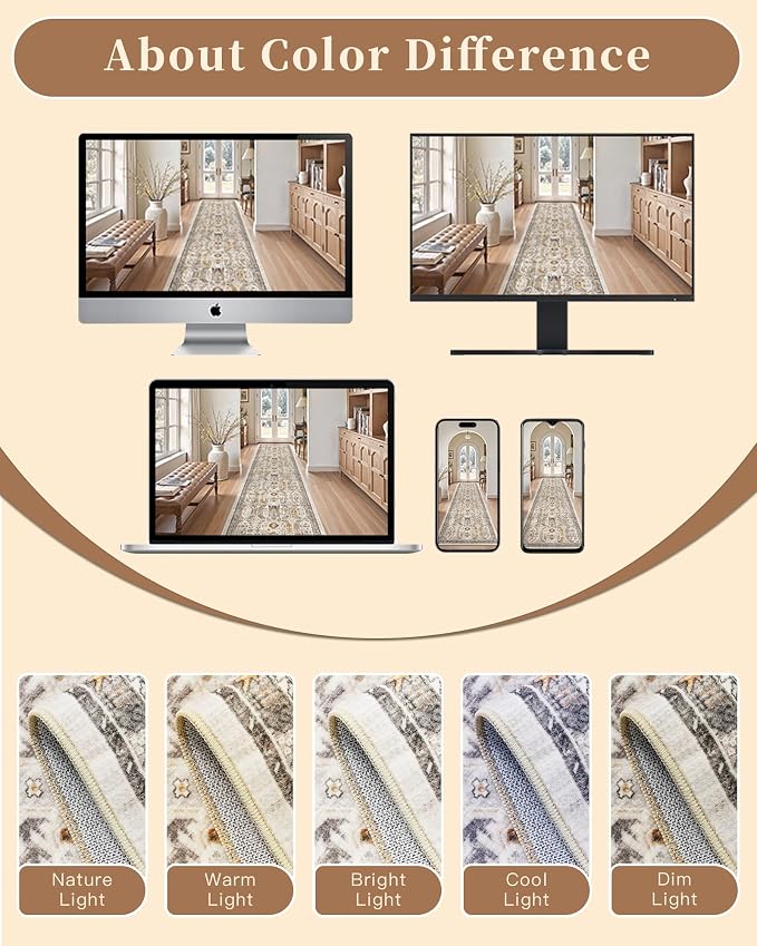 Madane 6x9 Area Rugs for Living Room, Vintage Washable Rug, Brown/Gold | Stain Resistant Floor Carpet With Non-Slip Backing For Bedroom, Dining Bedroom And Office, Soft Low-Pile Home Decor Mat