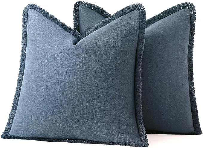 MIULEE Decorative Throw Pillow Covers Neutral Linen Fringe Throw Pillows Set of 2 Blue Ashes Boho Farmhouse Cushion Covers with Tassels for Couch Sofa Bed Spring Home Decor 24x24 Inch