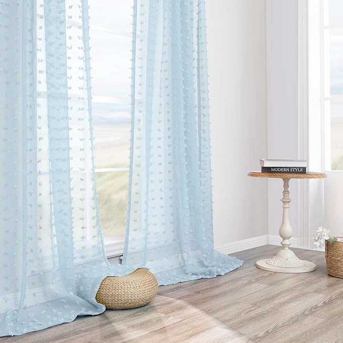 Light Blue Sheer Curtains 84 Inch Length 2 Panels Pom Pom Boho Sheer Window Curtains for Living Dining Room Baby Blue Drapes for Nursery Boys Kids Bedroom Back Tab Farmhouse Coastal Decor 52x84 Inch