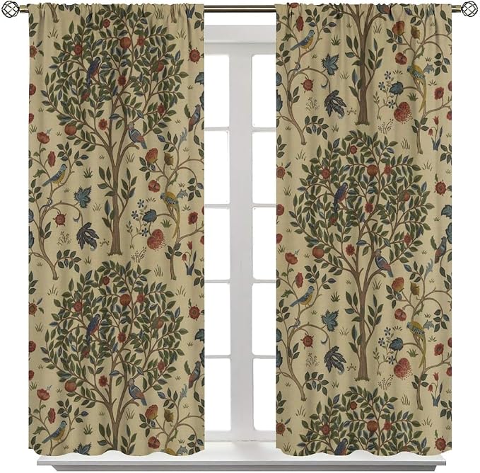 Vintage William Morris Forest Blackout Window Curtains, Rustic Boho Bird Plant Window Drapes, for Living Room Bedroom 31.5(W)*63(L) 2 Panels