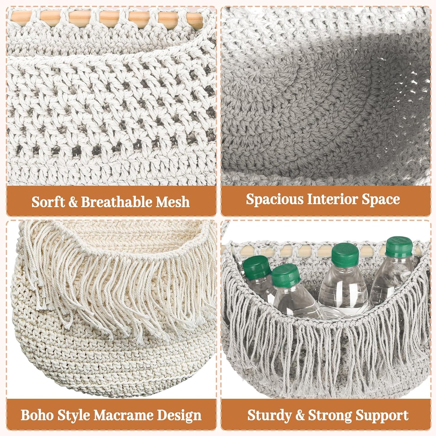 4 Tier Hanging Fruit Basket for Kitchen, 4 Pack Detachable Cotton Crocheted Wall Hanging Baskets Shelf Over Door Organizer for Fruit Veggie Plant, Hanging Storage Basket for Bathroom Bedroom(Beige)