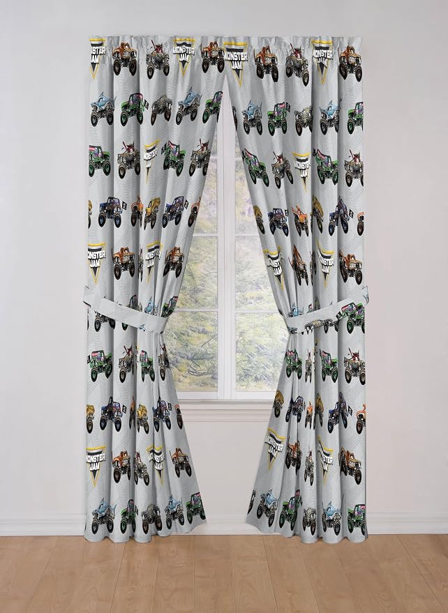 Jay Franco Window Curtains for Kids Bedroom 4-Piece Drape Set with 2 Tiebacks, Grey - Monster Jam, 42" W x 84" L (Pack of 2)