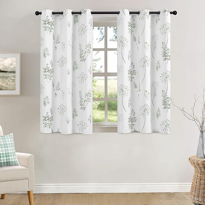 XTMYI Short Bathroom Curtains for Small Window,80% Blackout Watercolor Eucalyptus Wildflowers Boho Curtains for Kitchen Nursery,45 Inch Length,Sage Green and Grey