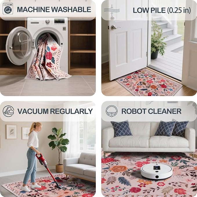 Area Rug for Living Room, 10x12 Large Washable Rugs for Dining Room, Bedroom, Non Slip Stain Resistant Carpet, Low Pile Vintage Floral Rug (Beige Red)