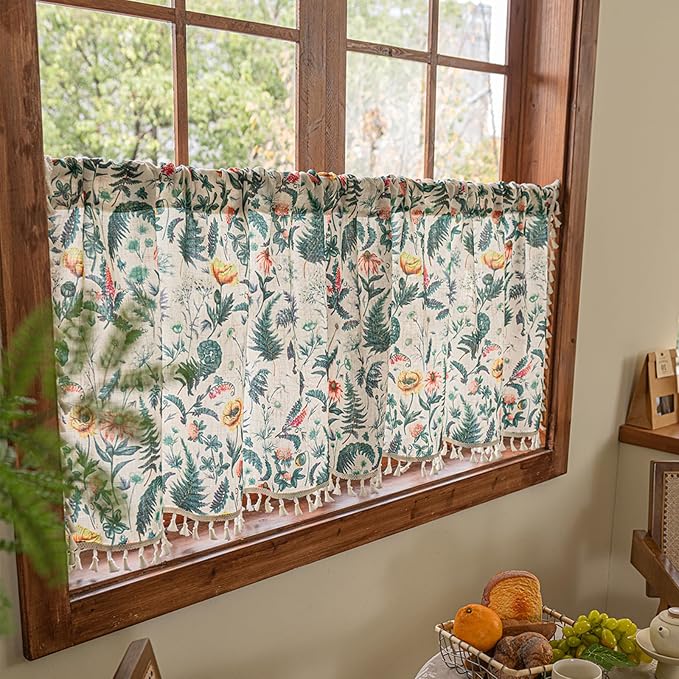 Deeprove Boho Valance Curtain 18 Inch with Tassels, Green Fern Leaf Textured Kitchen Window Sheer Linen Look Short for Spring Summer Cafe Closet Farmhouse Country Style Privacy 1 Panel 52W x 18L