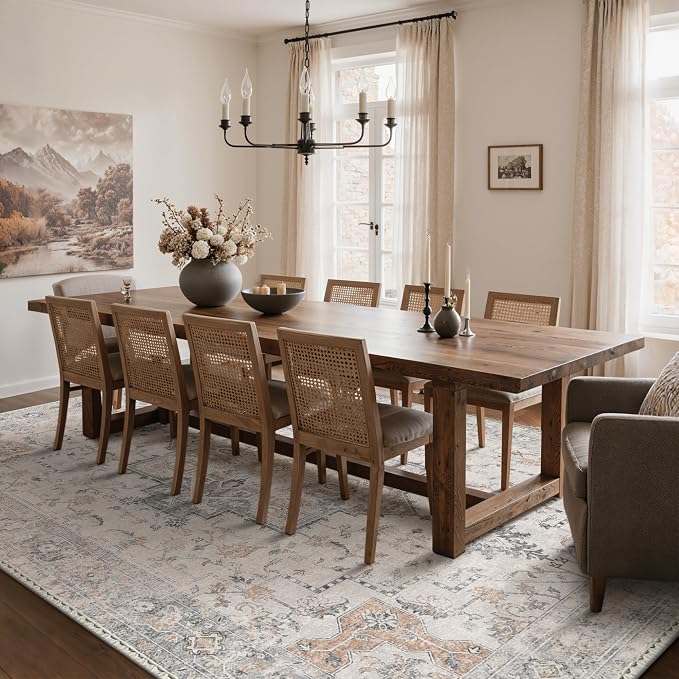 GENIMO 9x12 Area Rugs for Living Room, Non Slip Machine Washable Vintage Rugs, Low Pile Lightweight Print Large Rug for Bedroom, Dining Room, Home Office, Light Taupe Brown