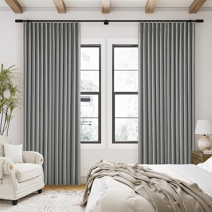 Charcoal Grey Blackout Linen Curtains 96 Inches Long for Bedroom Pinch Pleated Black Out Curtains Lined 2 Layers Memory Shape Noise Reducing Neutral Modern Living Room Darkening Window Drapes