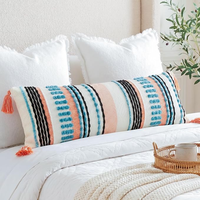 NUYECY Chenille and Cotton Long Pillow for Bed, Striped Textured Boho Lumbar Throw Pillow Cover 12x36, Neutral Accent Decorative Extra Long Body Pillow Case for Couch, Sofa, Bedroom, Turquoise