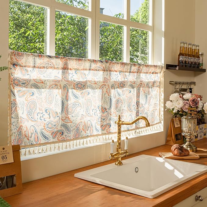 Deeprove Boho Valance 18 Inch Length, Colorful Bandana Terracotta Paisley Print Textured Kitchen Window Small Short Curtan for Cafe Bedroom Farmhouse Ethnic TrimTassel Style Privacy 1 Panel 52W x 18L