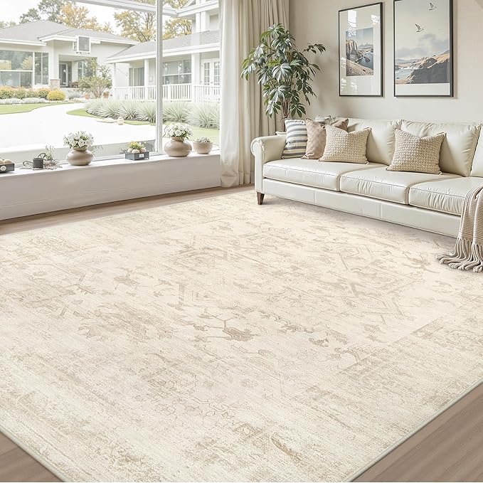 10x14 Area Rug for Living Room: Vintage Boho Neutral Washable Rug Indoor Soft Large Area Rug Carpet for Bedroom Nursery Farmhouse Dining Room Office Floor Non-Slip Low Pile Under Table Rug Beige/Brown