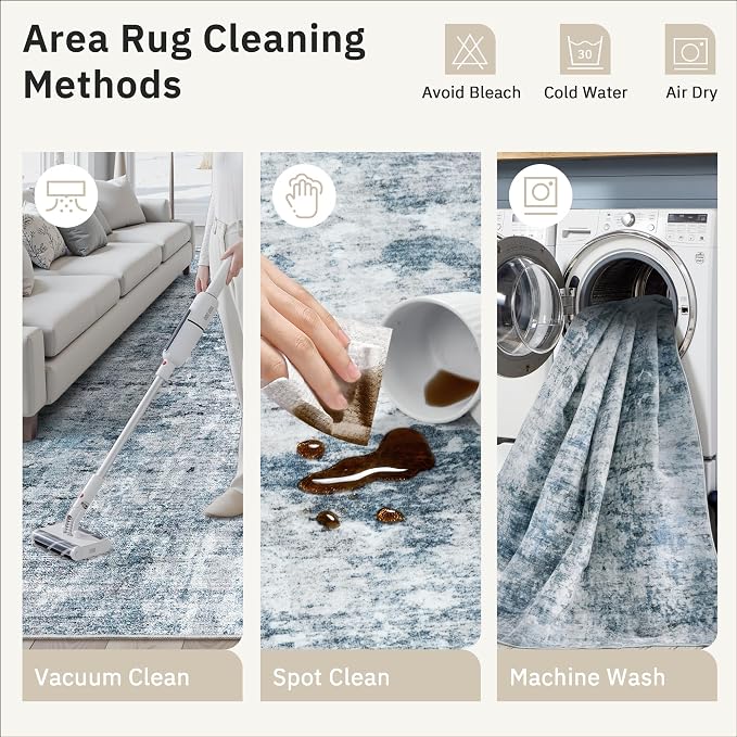 Soalmost Area Rug 10x12 Vintage Washable Living Room Large Carpet Non Slip Bedroom Indoor Office Dining Room Low Pile Thin Rug Blue/Grey
