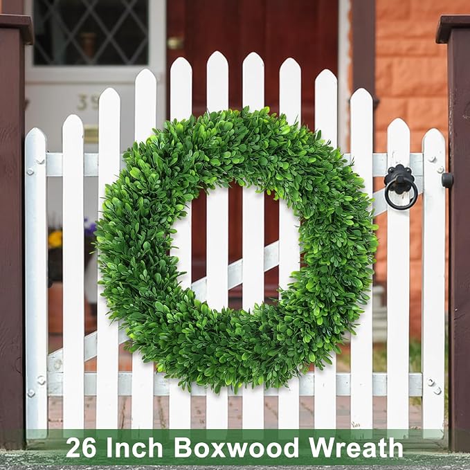 26Inch Boxwood Wreaths for Front Door,Summer Wreaths for Front Door Outside Realistic,Front Door Wreath Outside All Season,Artificial Green Wreath for Farmhouse Porch Wall Wedding Room Home Decor