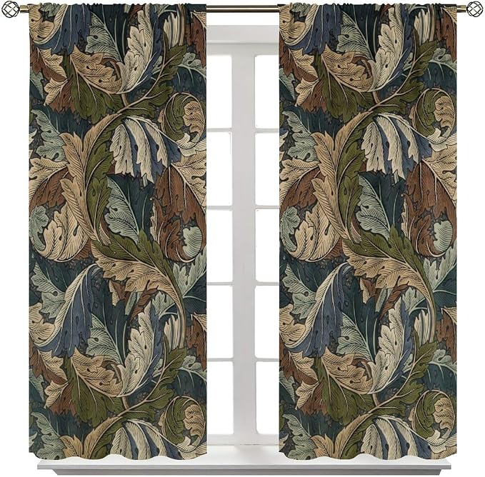 Boho William Morris Art Plant Curtains, Rustic Retro Nature Botanical Print Blackout Window Treatments Drapes, for Living Room Bedroom Kitchen 36(W)*63(L) 2 Panels