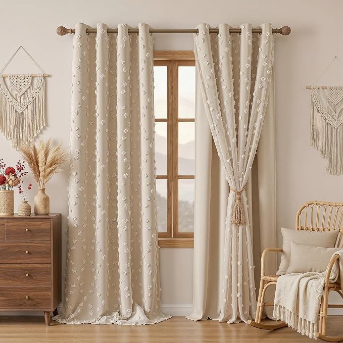 MYSKY HOME Beige Curtains for Bedroom 72 Inches Long Nursery Curtains Pom Pom Beige Sheer Curtains for Girls Room Double Layer for Toddler Bedroom Grommet Room Darkening Window Panels 52 x 72 Inch