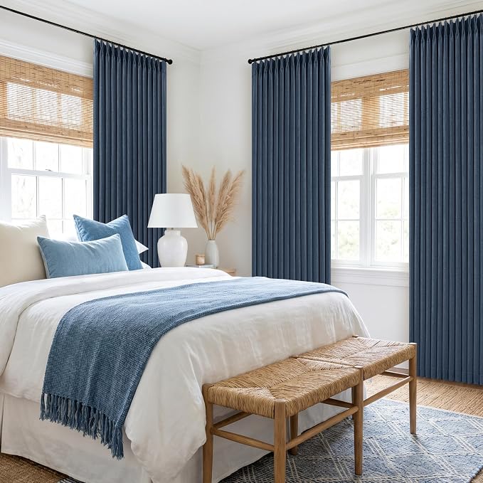 Extra Long Navy Blackout Curtains 120 Inches Long for Bedroom 2 Panels Pinch Pleated 100% Black Out Soundproof Room Darkening Dark Blue Window Curtains Double Layer Pinch Pleat Drapes