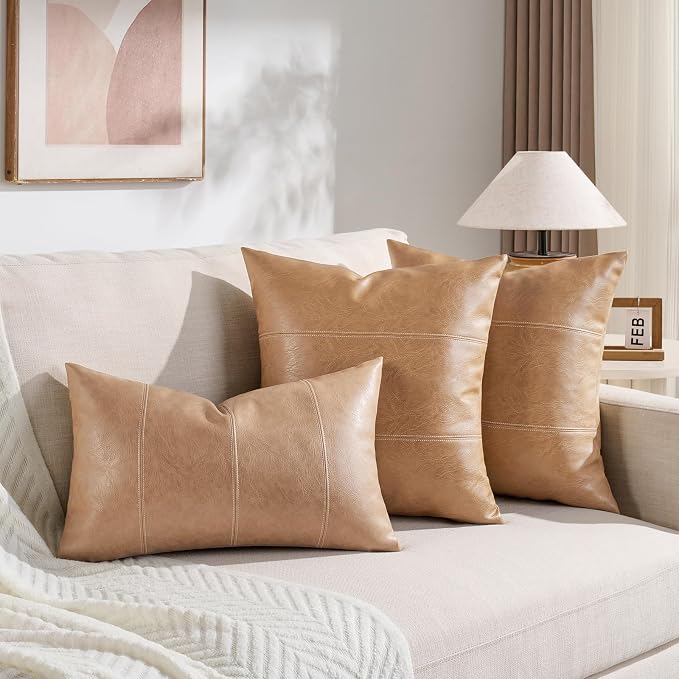 Fancy Homi Tan Long Lumbar Faux Leather Decorative Throw Pillow Covers 12x24 Inch for Living Room Couch Bed, Beige Hand Stitched Cushion Case 30x60 cm, Taupe Modern Farmhouse Home Decor