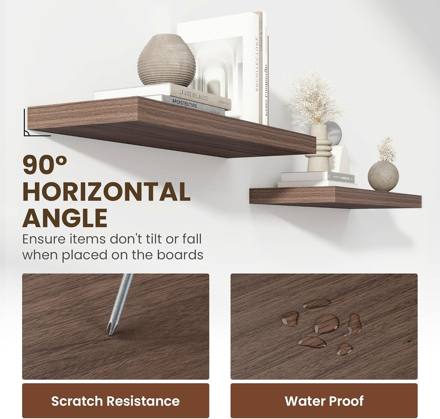 24 Inch Floating Shelves, 11.6 Inch Deep Floating Shelves for Wall, Floating Shelf with Invisible Brackets, Deep Shelves for Bathroom, Bedroom, Living Room, 2 Pack, Walnut