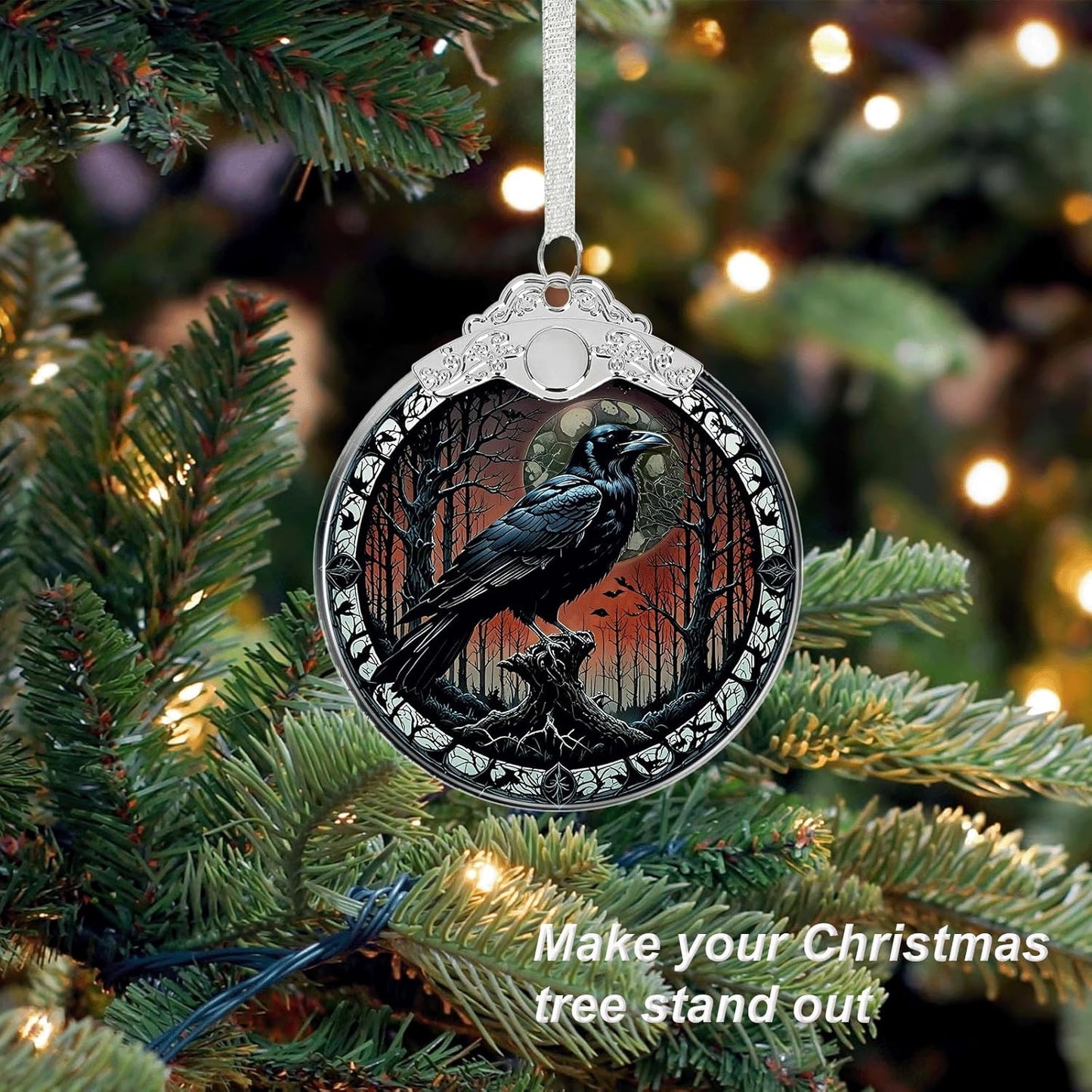 Crow Under Moonlight Halloween Christmas Tree Stained Glass Ornament - Hanging Ornaments for Christmas Tree Decorations - Holiday Keepsake Present Exchange Idea