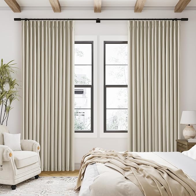 Burlywood Birch Pinch Pleated Full Blackout Curtains Linen Blend Room Darkening Window Curtains 94 Inch for Living Room Bedroom Thermal Insulated Back Tab Pinch Pleat Drapes with Hooks Rings 2 Panels