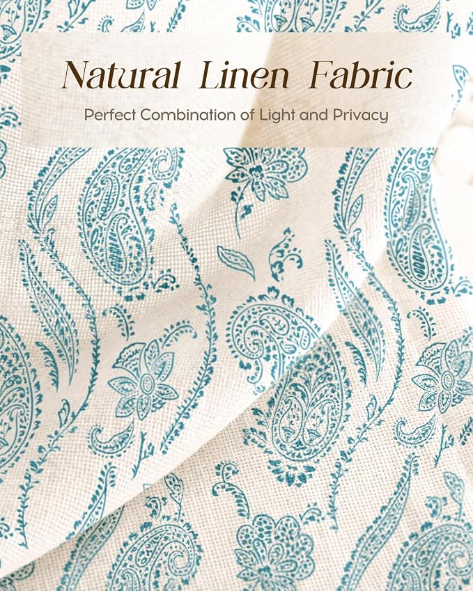 Miss Adola Farmhouse Kitchen Tier Curtains - 45 Inch Length Linen Blend Floral Cafe Curtains Blue Small Window Treatments Over Sink Rod Pocket for Bathroom Living Room Light Filtering, 2 Panels