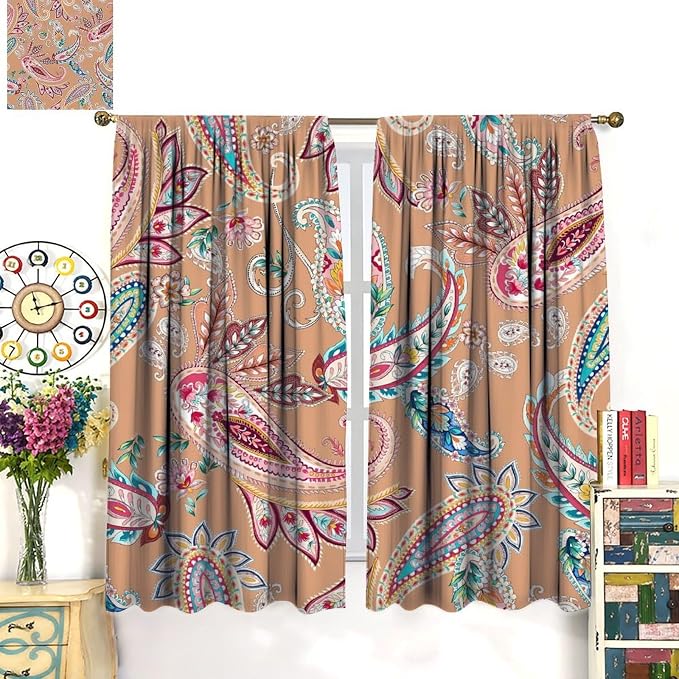 Paisley Print Curtains, Featuring Abstract Floral and Botanical Motifs in A Bohemian Style, Suitable for Bedrooms, Living Rooms and Offices As Blackout Curtains.42X45 Inch