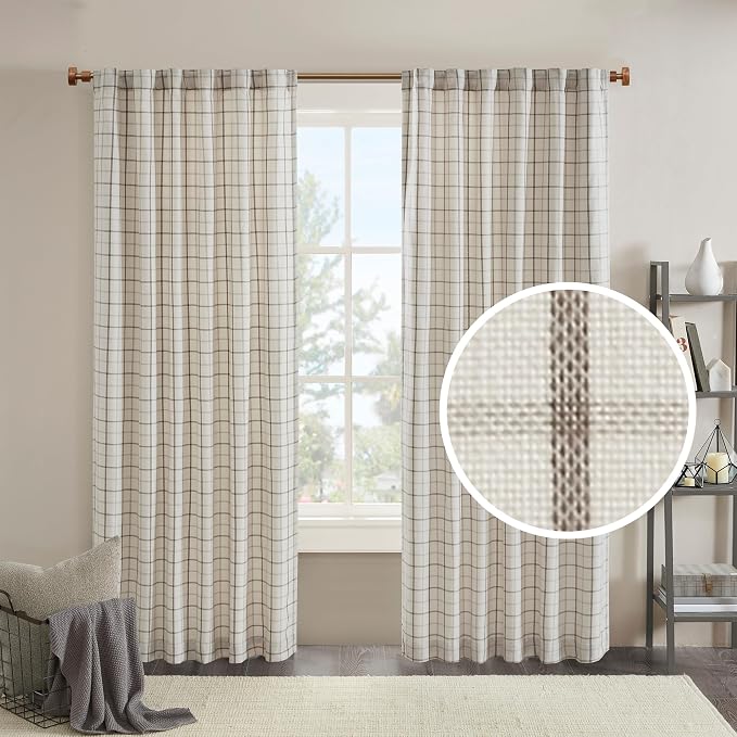 Madison Park Anaheim Cabin Plaid Curtain Window, Thermal Insulated Fleece Lining, Living Room Decor Room Darkening Drape for Bedroom, 1-Single Panel Pack, 50x108, Rod Pocket & Back Tab, Brown