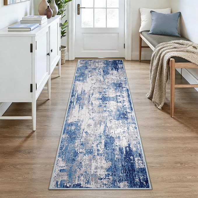 RELEANY Washable Area Rugs 2'6"x8 Non-Slip Modern Abstract Soft for Living Room Entryway Bedroom Kitchen, Print Pattern, Blue Grey Navy Gray