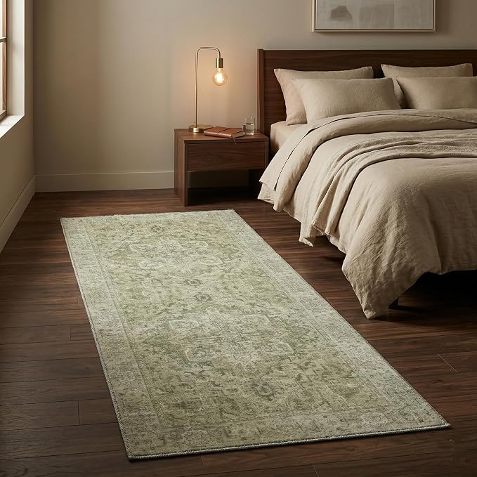 Homemate Washable Rug 2x6 Area Rugs - Vintage Faux Wool Rugs for Living Room Bedroom Dining Room - Non Slip Foldable Carpet Indoor Area Rug for Home Decor(2'x6', Green