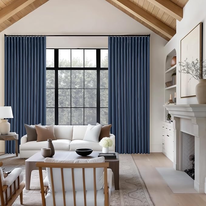Dark Blue Pinch Pleated 100% Blackout Linen Bedroom Curtains 96 Inch Length Double Layer Pleat Curtains Ring Hooks Back Tab Black Out Room Darkening Drapes 96 Inches Long Living Room Indigo Navy