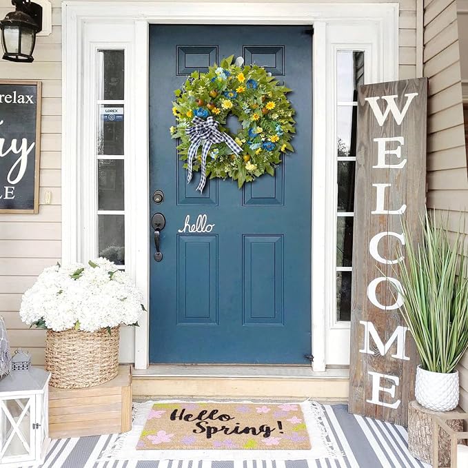 WANNA-CUL 24 Inch Blue Yellow Summer Wreath for Front Door All Season Decor | Blue Yellow Floral Wreath with Pomegranates and Daisies, 24-inch, Indoor Outdoor Farmhouse Decor for Spring Summer Fall