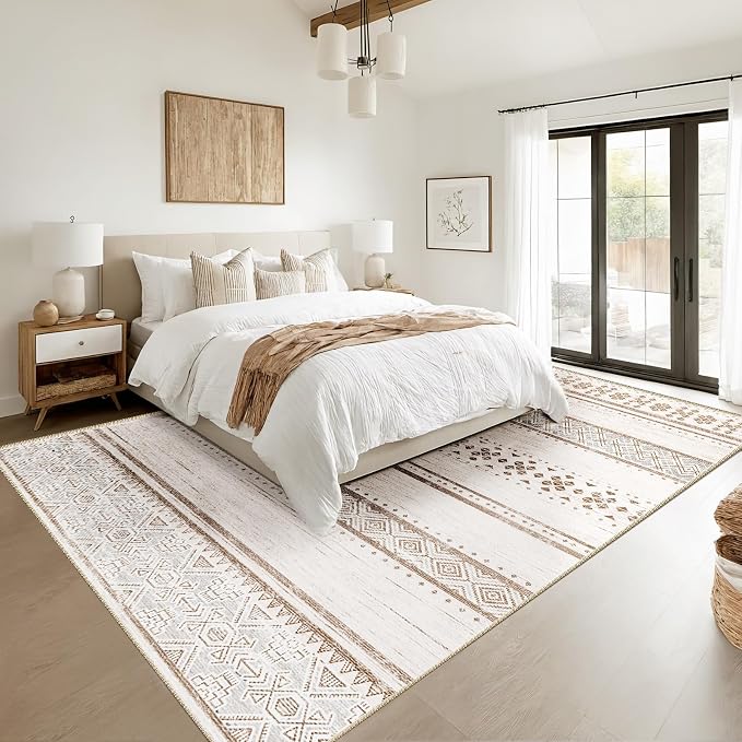 BESTSWEETIE 8x10 Area Rugs for Living Room Washable Moroccan Farmhouse Neutral Geometric Low Pile Non-Slip Soft Print Pattern Rug for Bedroom Kitchen Dining Room Entryway Cream/Brown/Pink