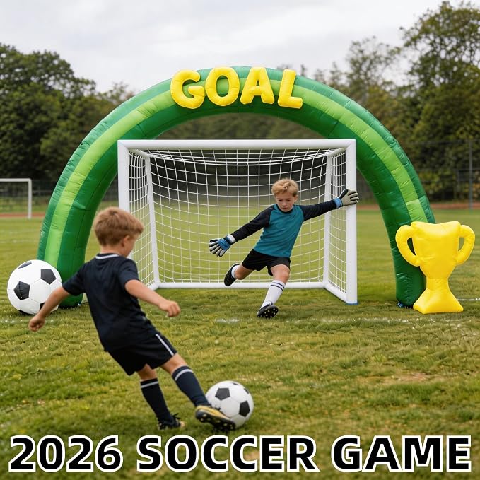 14FT Giant Soccer Inflatable Arch 2026 World Soccer Blow up Decorations with Trophy & Built-in 7 LED Lights for Soccer Field Club Team Community Competition Party ,Outdoor Yard Garden Lawn Decor