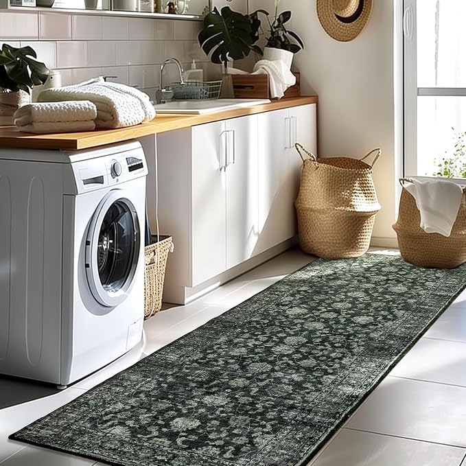 FROZZUR 2x6 Boho Green Runner Rug Vintage Farmhouse Hallway Entryway Rugs for Kitchen Bedroom Non Slip, Washable Boho Carpet for Home Decor Green