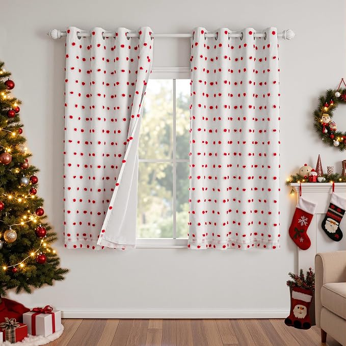 MYSKY HOME Blackout Curtains for Girls Bedroom 63 Inch Long Red Pom Pom Curtains for Kids Room 2 Panels 100% Room Darkening Window Treatment 2 Layered Drapes Toddler Grommet 52W x 63L