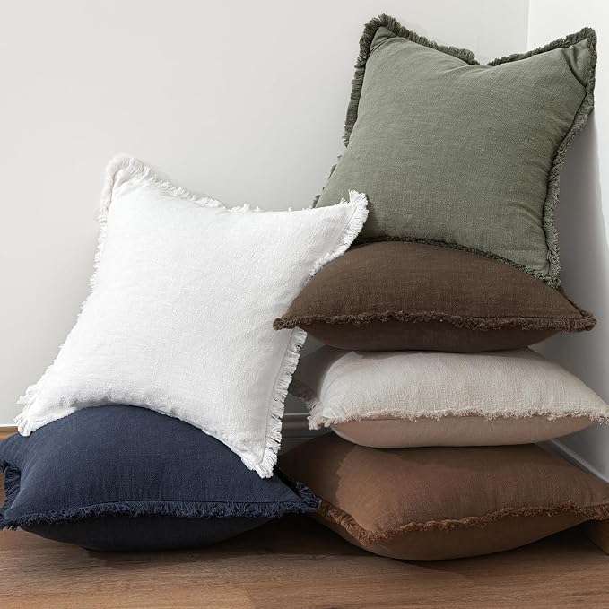 MIULEE Decorative Throw Pillow Covers Neutral Linen Fringe Throw Pillows Set of 2 Chocolate Brown Boho Farmhouse Cushion Covers with Tassels for Couch Sofa Bed Living Room Fall Decor 18x18 Inch
