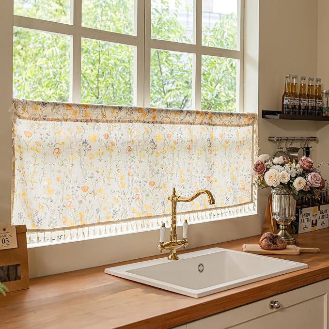 Deeprove Boho Valance 18 Inch Long for Windows Cafe Kitchen Modern Watercolor Botanical Gold Yellow Florals Print Curtain with Fringe Small Short Treatment for Fall Decorative 1 Panel 52W x 18L