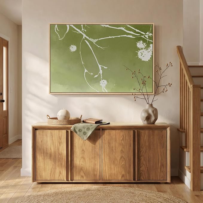 Framed Green Abstract Botanical Wall Art, Modern Minimalist Sage Green Canvas Prints Paintings for Walls, Rustic White Branch Pictures Wall Decor for Living Room Bedroom Dinning Room Office, 24x36 In