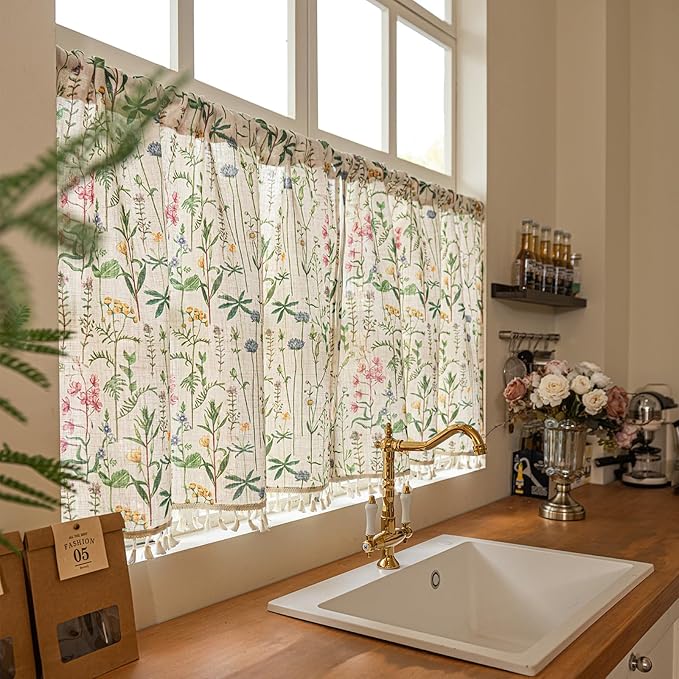 Deeprove Boho Valance Curtain 18 Inch with Handmade Tassel, Herbs Print Textured Kitchen Window Small Short Tier for Living Room Bedroom Farmhouse Cottage Shabby Style Privacy 1 Panel 52W x 18L