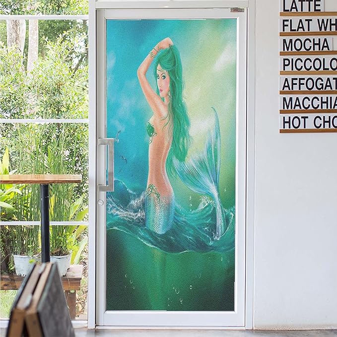 Underwater Pattern Window Privacy Film,Mermaid in Ocean on Waves Tail Sea Creatures Dramatic Sky Dark Clouds Print Window Stickers Film,Window Film Privacy Decorative,35.4" x 78.7" Blue Green