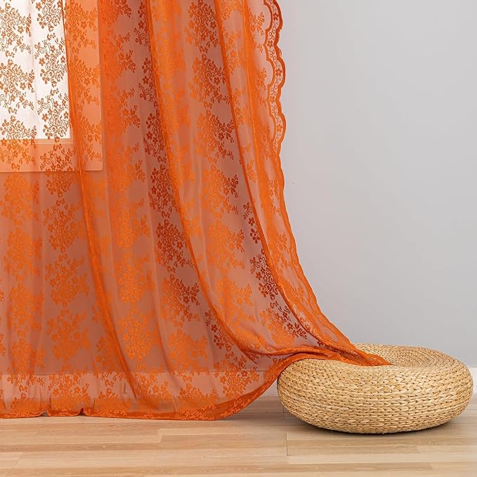 YJ YANJUN Vintage Lace Curtains 72 Inches Long-Rustic Floral Pattern Burnt Orange Sheer Curtain Panels for Dining Room Bay Window Bedroom Privacy Boho Farmhouse Autumn Fall Decor 2 Panels 52W x 72L